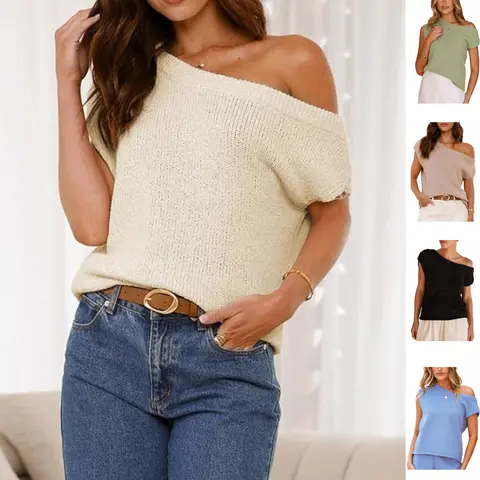 SCUSTY Womens Off Shoulder  Short Sleeve Sweater Ribbed Knit Y2K Pullover Date Night Top Blouse