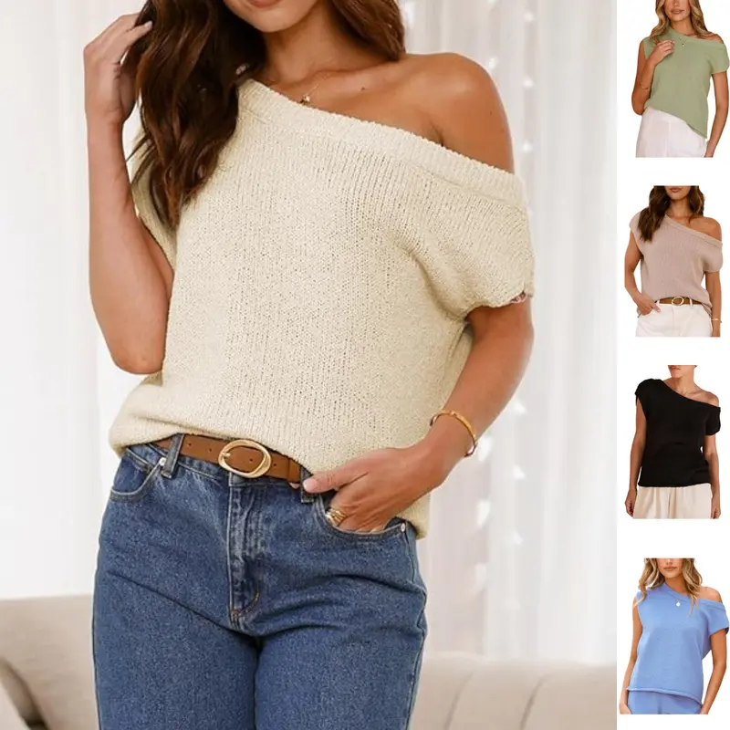 SCUSTY Womens Off Shoulder  Short Sleeve Sweater Ribbed Knit Y2K Pullover Date Night Top Blouse