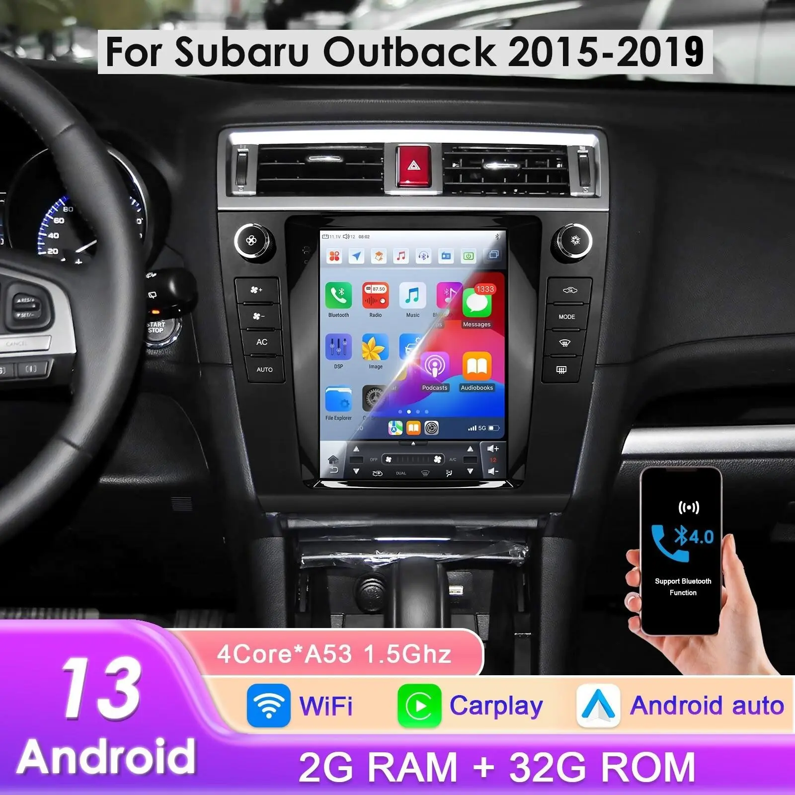 Hizpo 2Din 9.7in Car Video Player for Subaru Legacy Outback 2015-2019, Allwinner A100 1.5GHz*4 Quad-Core CPU, 32GB Memory, Android Auto, CarPlay Touchscreen, LED Backlight, Bluetooth, Mirror Link, Plug-in Setup, In-Car Media, Backlit