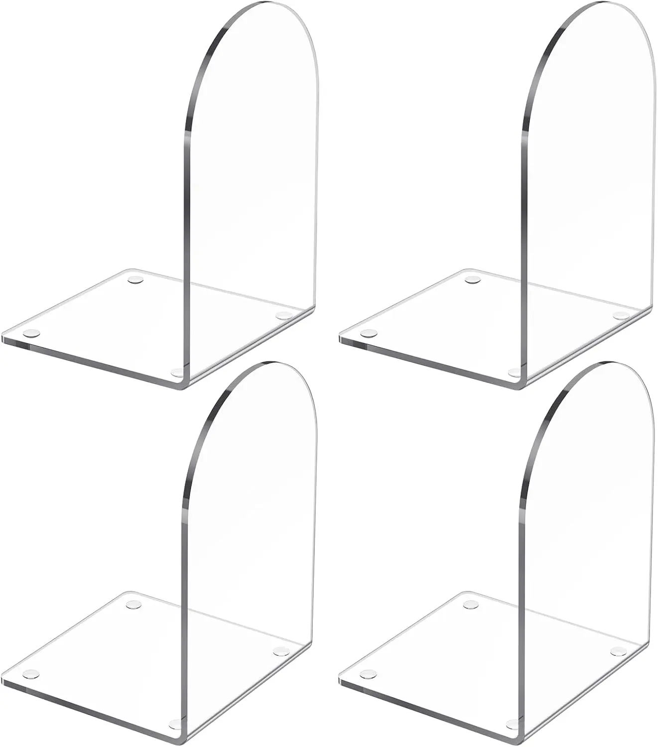 4-Pcs Heavy Duty Durable Transparent Acrylic Bookends with Non-Skid Pads, Arc-Shape L-Shape Curved Edge Desk Organizer for Desk/Shelf Storage Accessories, Ideal for Office Workers