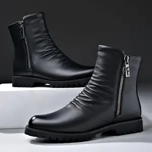 Men's Casual Riding Boots - Versatile for Business & Leisure, Slip-On with Zipper, Durable Rubber Sole, Breathable Fabric Lining Walking Shoes Leather Footwear Closed Comfort Insole Design Orthotic Sweat Boy workboots