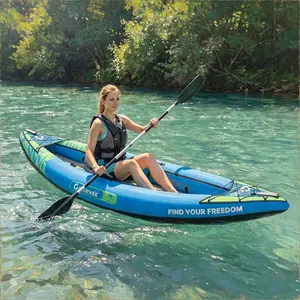 Garvee Upgraded Single Person Drop Stitch Inflatable Kayak, 450 LBS Capacity Portable Blow Up Solo Kayak for Adult Fishing & Touring, Complete Set with Adjustable Paddle, Detachable Seat, Dual-Action Pump