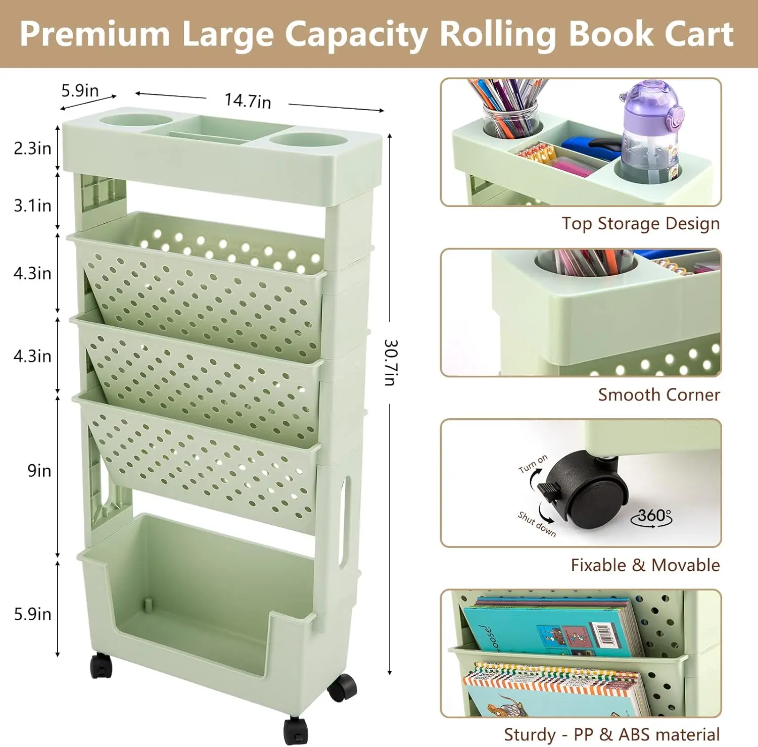 summerwins Multi-Layer Movable Rolling Paper Organizer - Slim Mobile Book Cart with Document Folder, Pen Holder, Work Desk Accessories, Office Stationery Supplies, Bookshelf Accessory for Office, Dorm,summerwins
