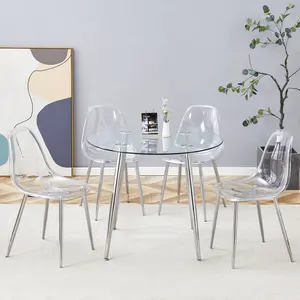 Modern Minimalist Round Transparent Tempered Glass Table with Silver Metal Legs & 4 Clear Dining Chairs for Luxurious Dining Experience