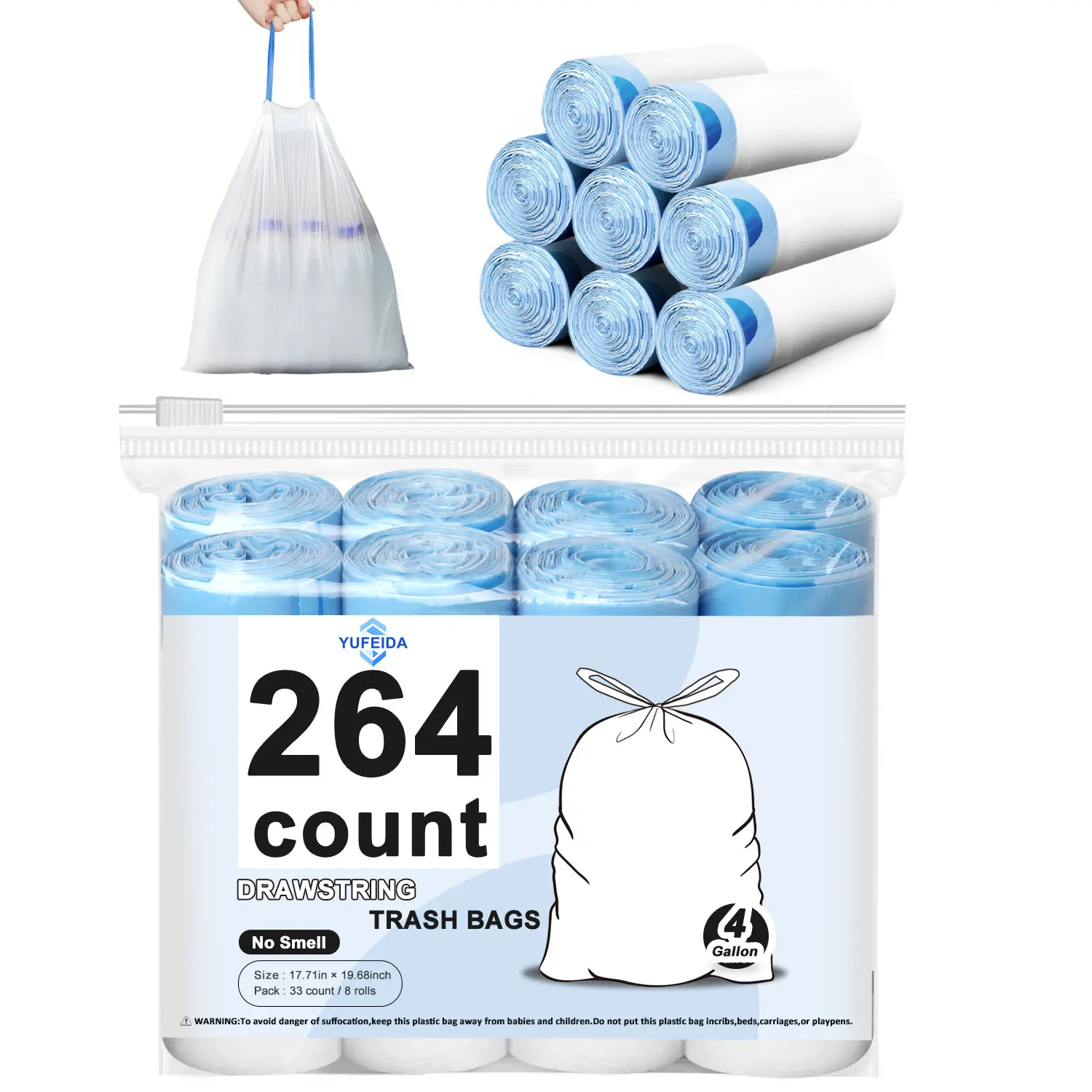 YUFEIDA 4-Gal Drawstring Trash Bags, 132/264 Count White Tear-Free Heavy-Duty Plastic Wastebasket Liners, Odorless Quick-Tie Bags for Bathroom & Home, 13-Wall Emergency Toilet Outdoor Household Gadget, Odorless Trash Bags, Quick-Tie Trash Bags tiktokshops