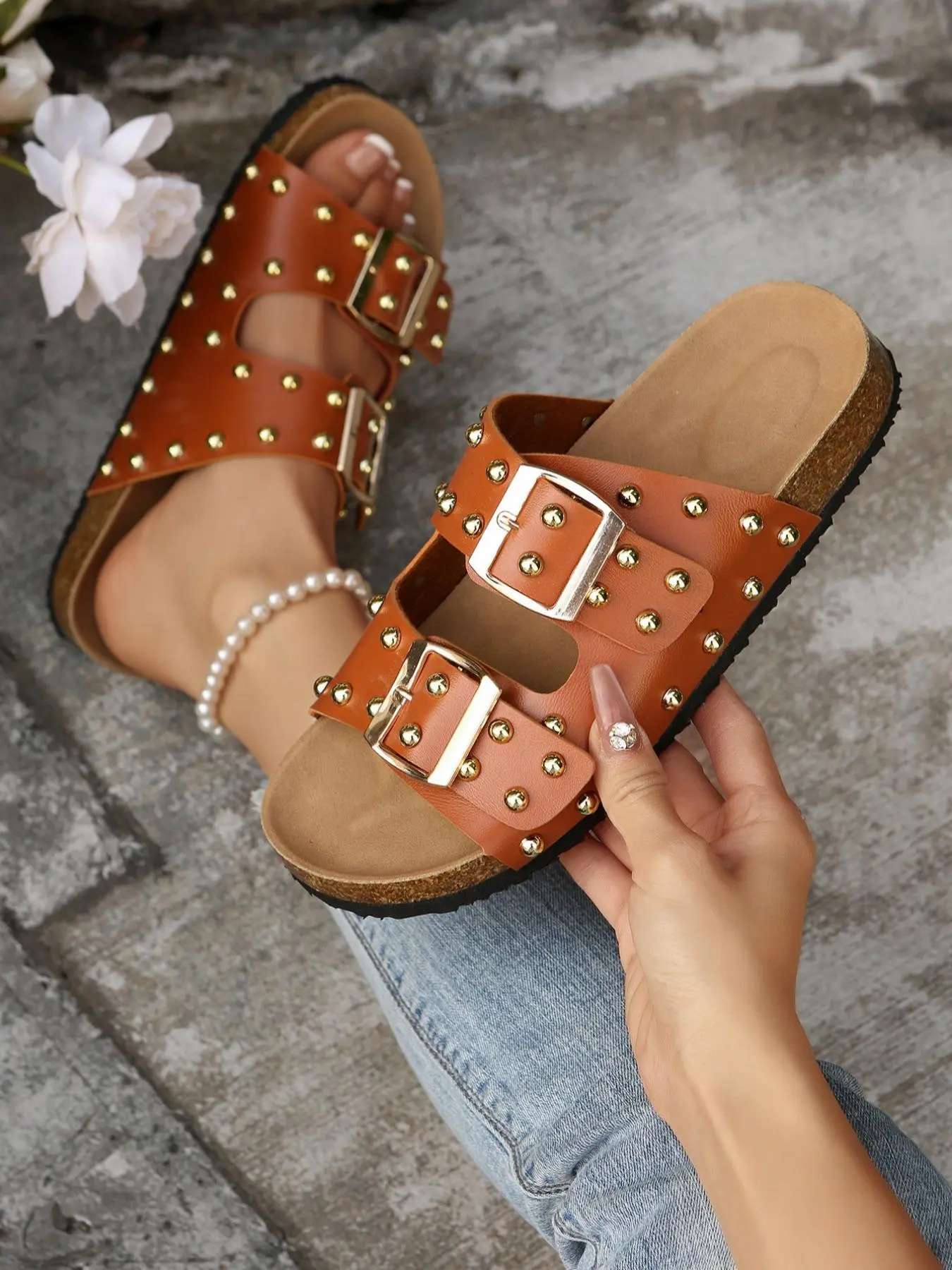 Women's Fashionable Studded Decor Double Band Slides, Double Strap Slides, PU Leather Slides, Casual Comfortable Flat Sandals for Summer, Lightweight Breathable Shoes for Daily Wear, Girl, Fashion Slippers