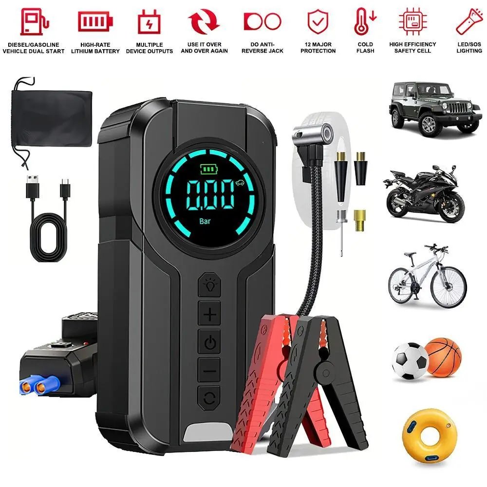 Portable Jump Starter with Air Compressor, Jump Starter for 12V Gas & Diesel Vehicles Motorcycle Bike Ball, USB Input/output, LED Emergency, Car Accessories Tools