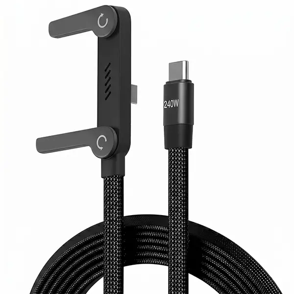 240W Super Fast Charging 2-in-1 Charger Cable with Invisible Phone Stand - Gaming & Office-Friendly, Elbow Design for iPhone, Samsung & USB-C Devices, Black