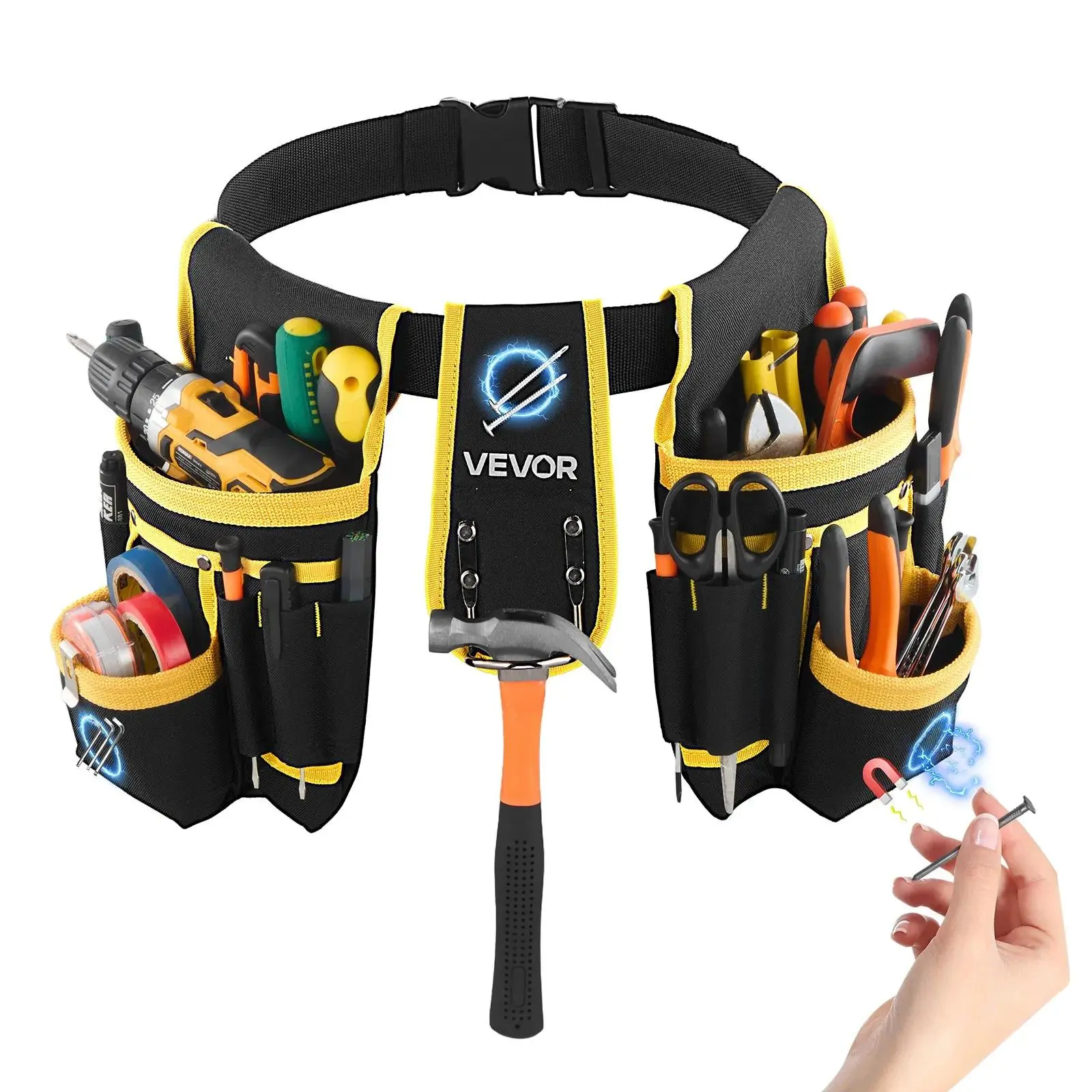 【Father's Day Gift】VEVOR Abrasion & Tear-Resistant Tool Belt with Magnetic Pouch (3 Magnet Zones), Heavy-Duty Adjustable Utility Belt with Detachable Buckle Bag, Portable Tool Bag for Electricians, Construction Work Apron Organizer (Waist Adjust 31-48in),