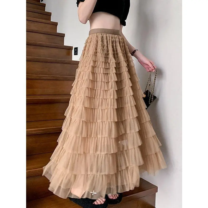 Women's Plain Ruffle Hem Tiered Layer Skirt, Elegant Aesthetic High Waist Long Skirt for Vacation Holiday Party, Ladies Bottoms for All Seasons, Long Skirt Women