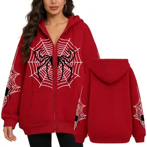 Casual And Adorable Graphic Sweatshirt Featuring a Zip-Up Hoodie with a Spider Web Design Perfect for Y2K Halloween Vibes in Harajuku Style