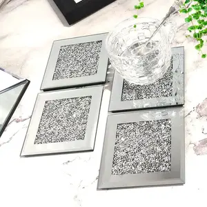 4PCS Glass Mirrored Coaster, Crushed Diamond Square Cup Mat 4" Decor on Tabletop for Bar Tools Dining Table