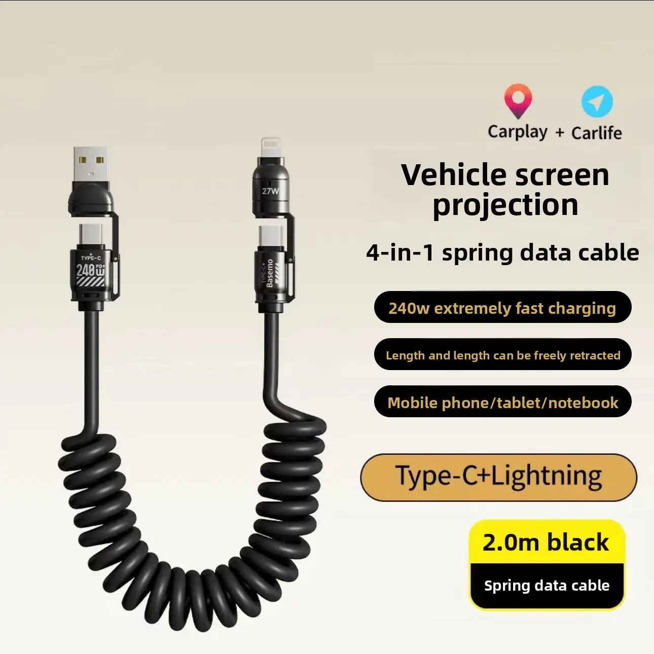 【Universal 4-in-1】 Multi USB Charging Cable with USB A,Type C,Lightning-MAX 240W Fast Charging&Data Sync for iPhone&Samsung Chargers Durability