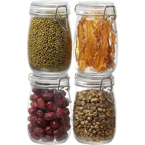 4 Pack 34 oz Glass Jars with Airtight  -  Storage Containers with Preserving Seal Wire Clip Fastening, Glass Canisters for Kitchen Canning Flour, Cereal, Sugar, Beans (34oz*4)
