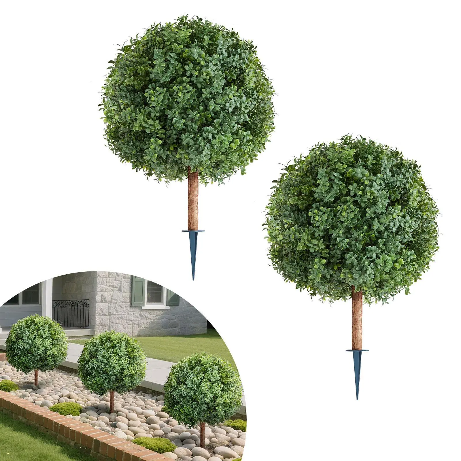 【SummerFinds】VEVOR 2-Set Pack 27in Sturdy PE Plastic Artificial Boxwood Topiary Trees with Ground Spike, Adjustable Faux Shrubs Potted Silk Plants, Long-Lasting for Front Porch Outdoor Decor, Housewarming Gifts, Topiaries
