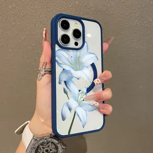 Adorable Magnetic Case for iPhone11/12/13/14/15/16/promax Blue Lilies MagSafe Compatible, Lightweight, Anti-Fall | Girly & Chic Style