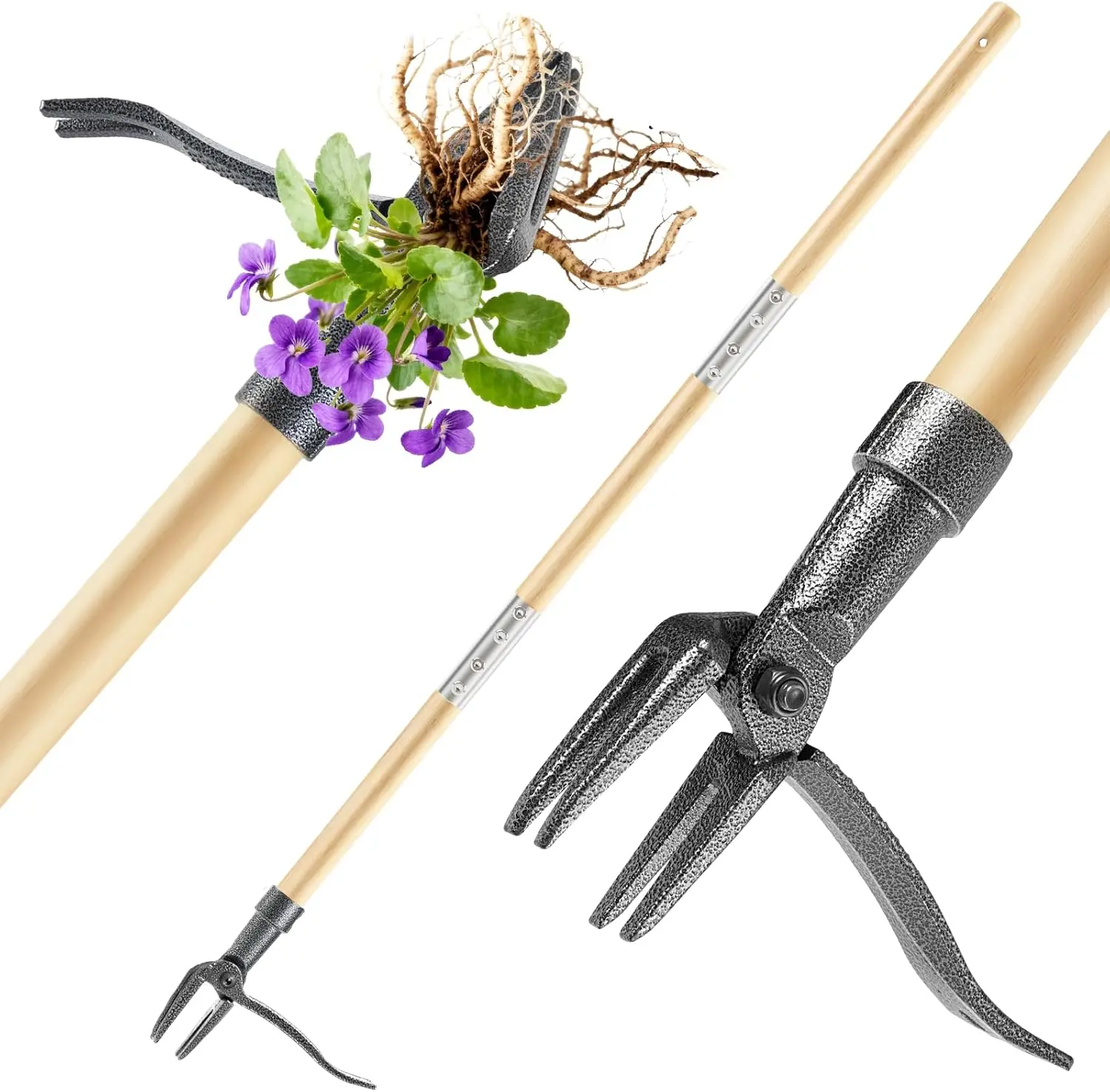 Weed Puller Tool, Stand Up Heavy Duty Weed Remover Tool with Long Handle & 4-Claw Steel Head, Bamboo Garden Hand Weeding Tool - Easily Remove Weeds Without Bending, Pulling,or Kneeling