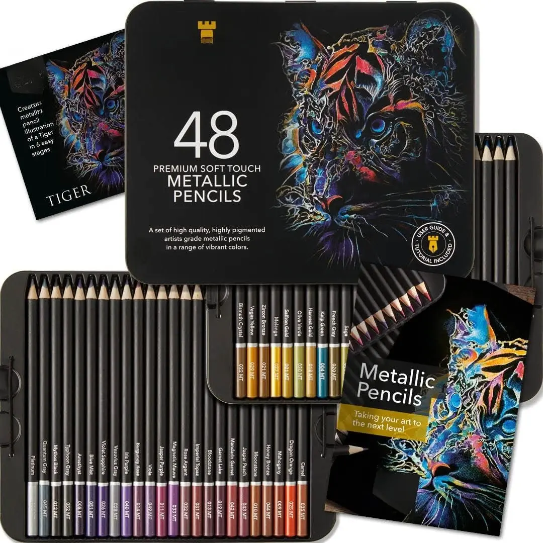 48  Metallic Colored Pencil Set | 48 Shimmering Shades with Wax Cores for Professional, Adult ists and Colorists | Protected and Organized in Presentation Tin Box