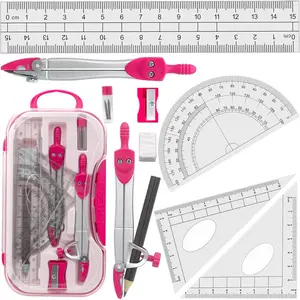 Geometry Set Maths Compasses for Grade Students Back to School Supplies with Compasses Protractor in Carry Case Pink