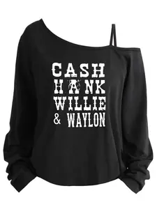 Plus Size Women's Loose-Fit Long Sleeve Cami Top, Asymmetrical Neckline, Letter Print, All Seasons, Sizes 1-8xl