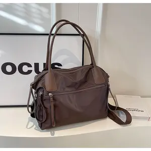 Large Nylon Tote Bag for Women, Brown Shoulder Bag with Zipper Pockets, Travel Crossbody Purse for Work, School & Everyday Use