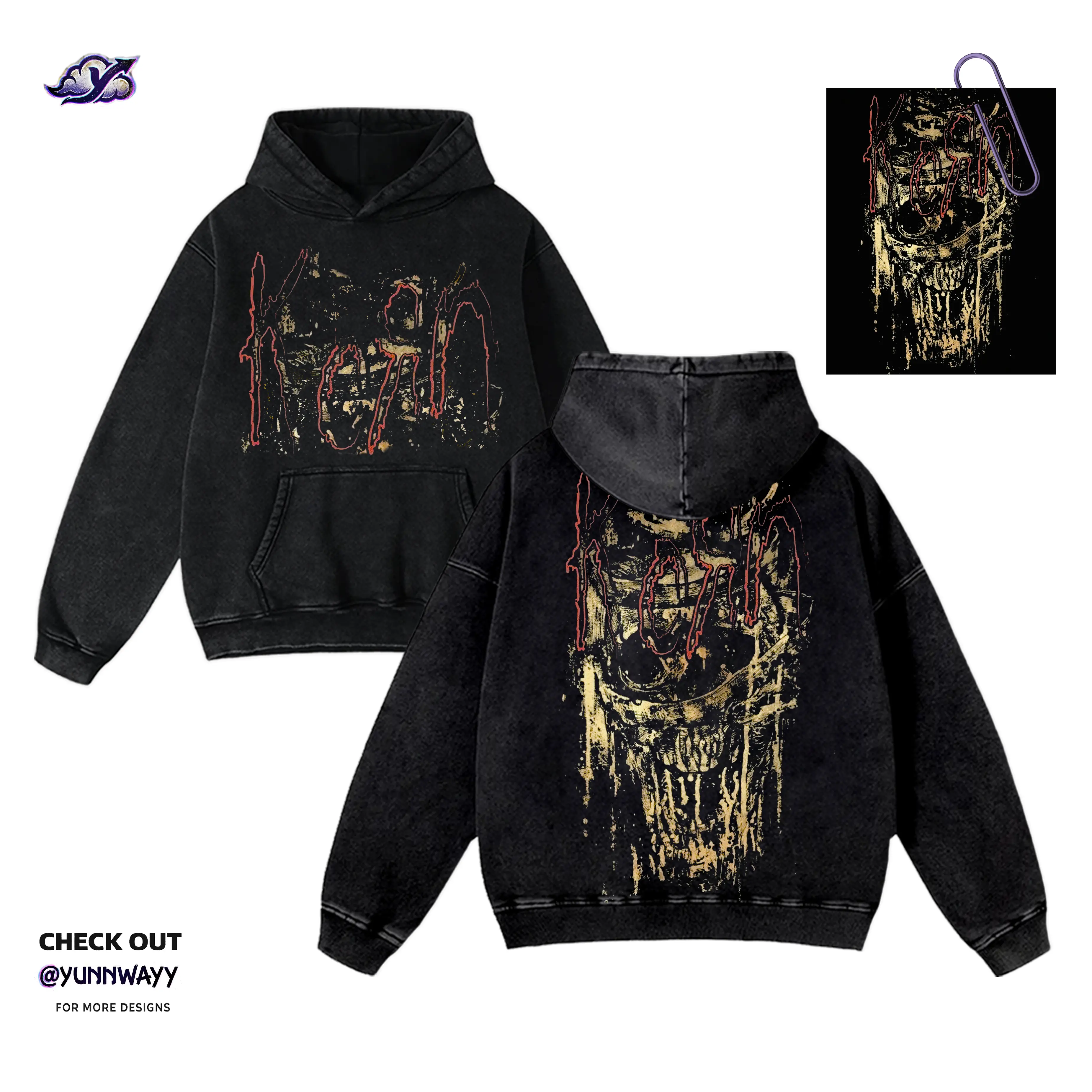 Black Korn Acid Hoodie, Unisex Vintage Horror Grunge Graphic Washed Heavyweight Cotton Pullover, Casual Streetwear Rock Band Fan Outfit, Gift for Korn merch