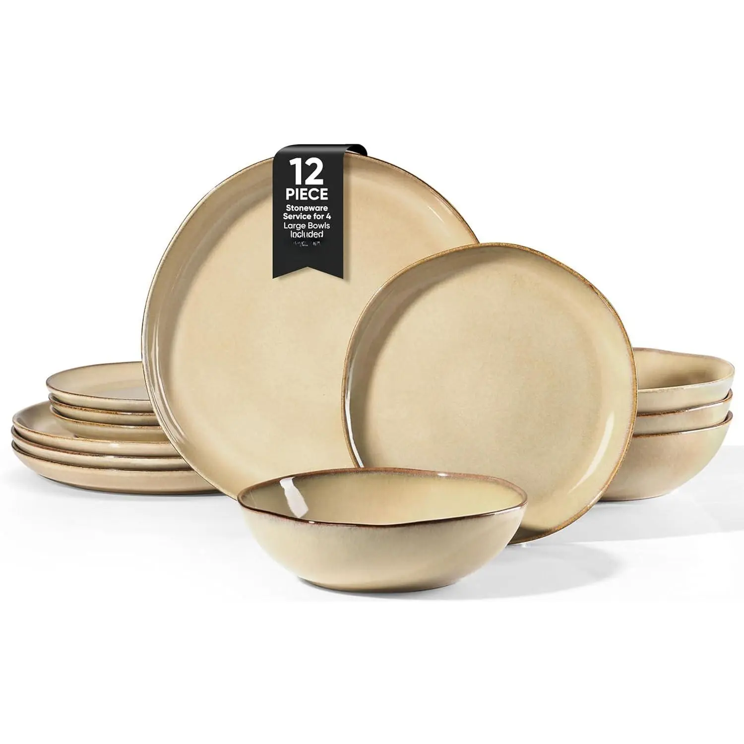 12 count Stoneware Dinnerware Sets for 4, Irregular  Dinner Plates and Bowls, Kitchen Dining Dish Dishware Set, Microwave & Dishwasher Safe, Cream Khaki