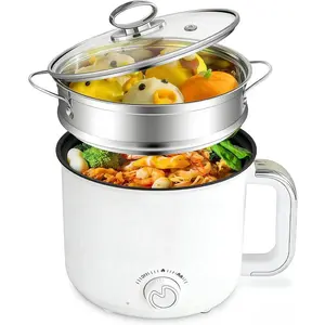 1.6L Electric Ramen Cooker Multicooker Non-Stick Hot Pot for Instant Noodles Pasta Oatmeal Stews Soup Shabu-Shabu Dorm Cooking with Steamer Basket Glass Lid Power Adjustment White