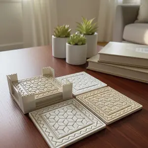 Modern 6-Piece 3D Printed Coasters | White & Beige Geometric Tile Pattern | Unique New Home Gift | Desk Accessories | Housewarming Gift