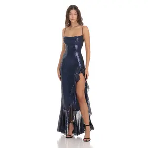 Sequin Ruffle Dress in Navy