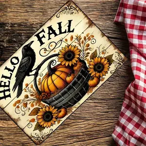 2D Flat - Hello Fall Vintage Metal Wall Art Sign - Rustic Iron Plaque with Pumpkin, Sunflowers & Crow Design - 8x12 Inch Farmhouse Decor for Home, Cafe, Bar, Garage - Easy to Hang, No Electricity Needed, Outdoor Halloween Decoration, Metal