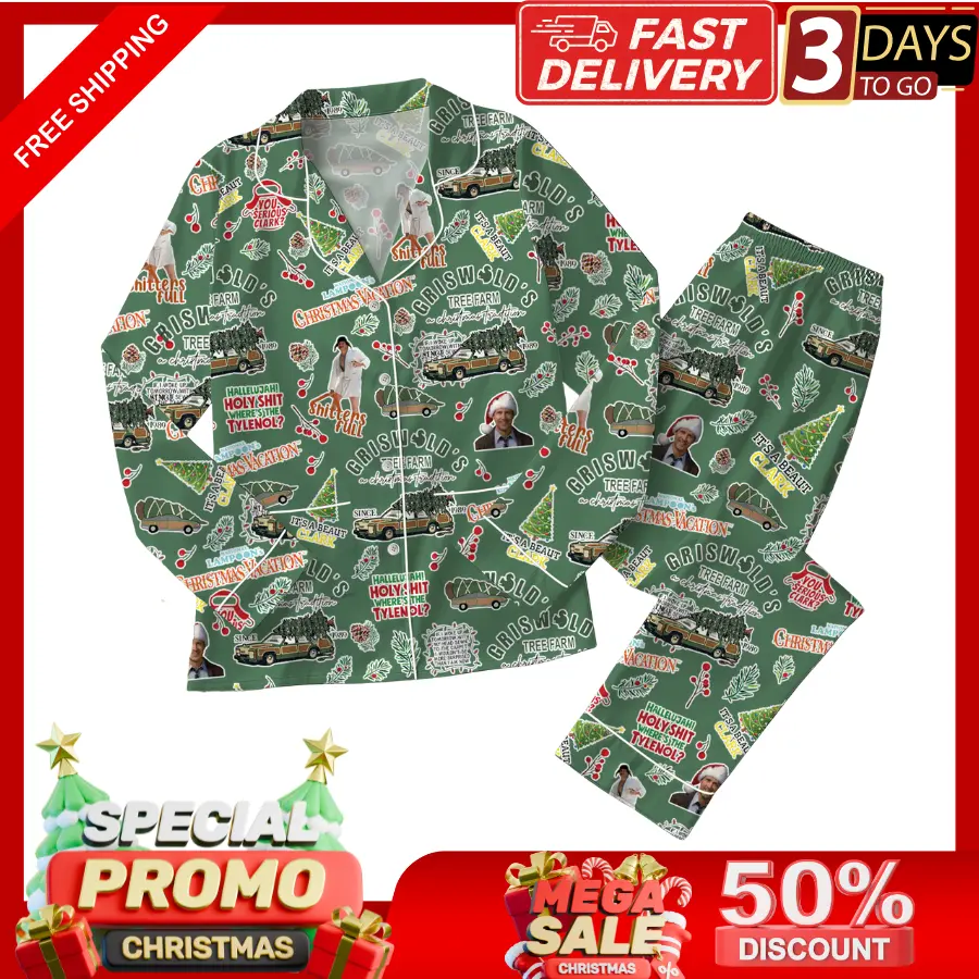 Clark Griswold Pajama Satin Set, Griswold Co Christmas PJS with Tree Farm Shirt, Matching Family Pajamas, National Lampoon’s Christmas Vacation Sleepwear, Funny Holiday Gift