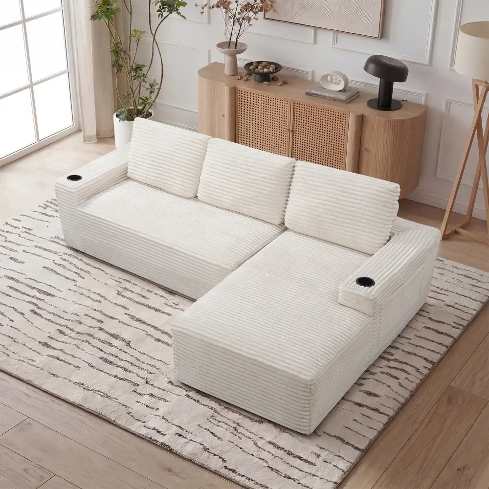Corduroy Upholstered Sectional Sofa Couch with Chaise Lounge, L-Shaped Ribbed Fabric Living Room Sofa Set with 2 Built-in Cup Holders and Side Storage Pockets