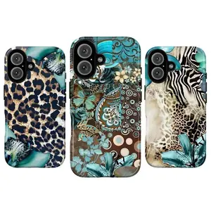 Vintage Teal Leopard Butterfly Phone Case, Boho Patchwork Collage Tough Cover, Designed for iPhone 11-17 Pro Max/Plus & Samsung Galaxy S23-S25
