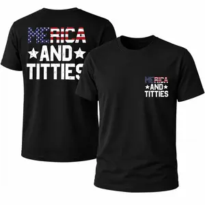 Funny Merica And Titties Patriotic T-Shirt, USA Flag Graphic Tee for Men, 4th of July Independence Day Shirt, American Humor Gift
