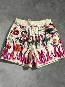 American Retro Flame Graffiti All Over Print Shorts, Y2K Streetwear Brand, Summer Trendy Men's Casual Loose-Fitting Pants