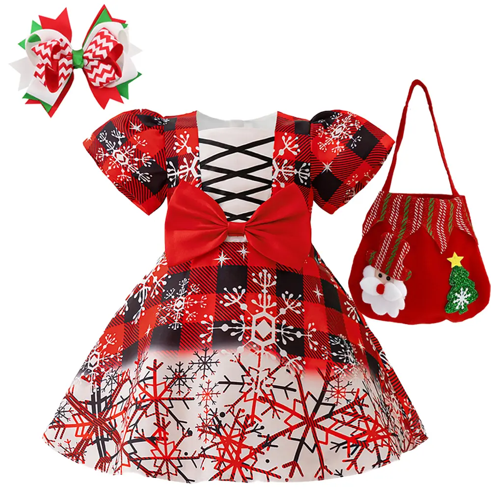 093 (Dress + all accessories) Santa Claus red and black snowflake pattern print dress party masquerade dress