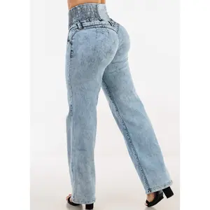 Moda Xpress MX JEANS Ultra High Waist Acid Wash Wide Leg Push Up Levantacola Jeans – Spandex Waistband, Straight Fit, Stretchy Material