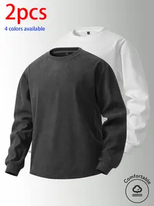2-pack men’s crewneck sweatshirts: minimalist casual loose-fit tops with long sleeves featuring a vertical texture design and solid basic styles, made from skin-friendly, breathable fabric—ideal for everyday commuting outfits.