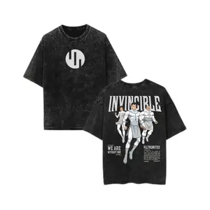 Women's Oversized Loose Black Cotton Short-Sleeve Graphic Tee - Smooth Fabric, Vintage Washed Invincible Viltrumites Print, Aesthetic "We Are Without End" Casual Streetwear