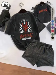 Maneskin women's suit printed pattern, cotton round neck outdoor sports, street Y2K women's short-sleeved shorts washed old style casual two-piece suit, women's clothing