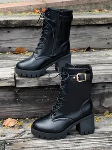 Elegant Women's Platform Combat Boots, Slip-Resistant Side Zipper Lace-Up Short Booties, Perfect for Daily Wear & Outdoor Adventures