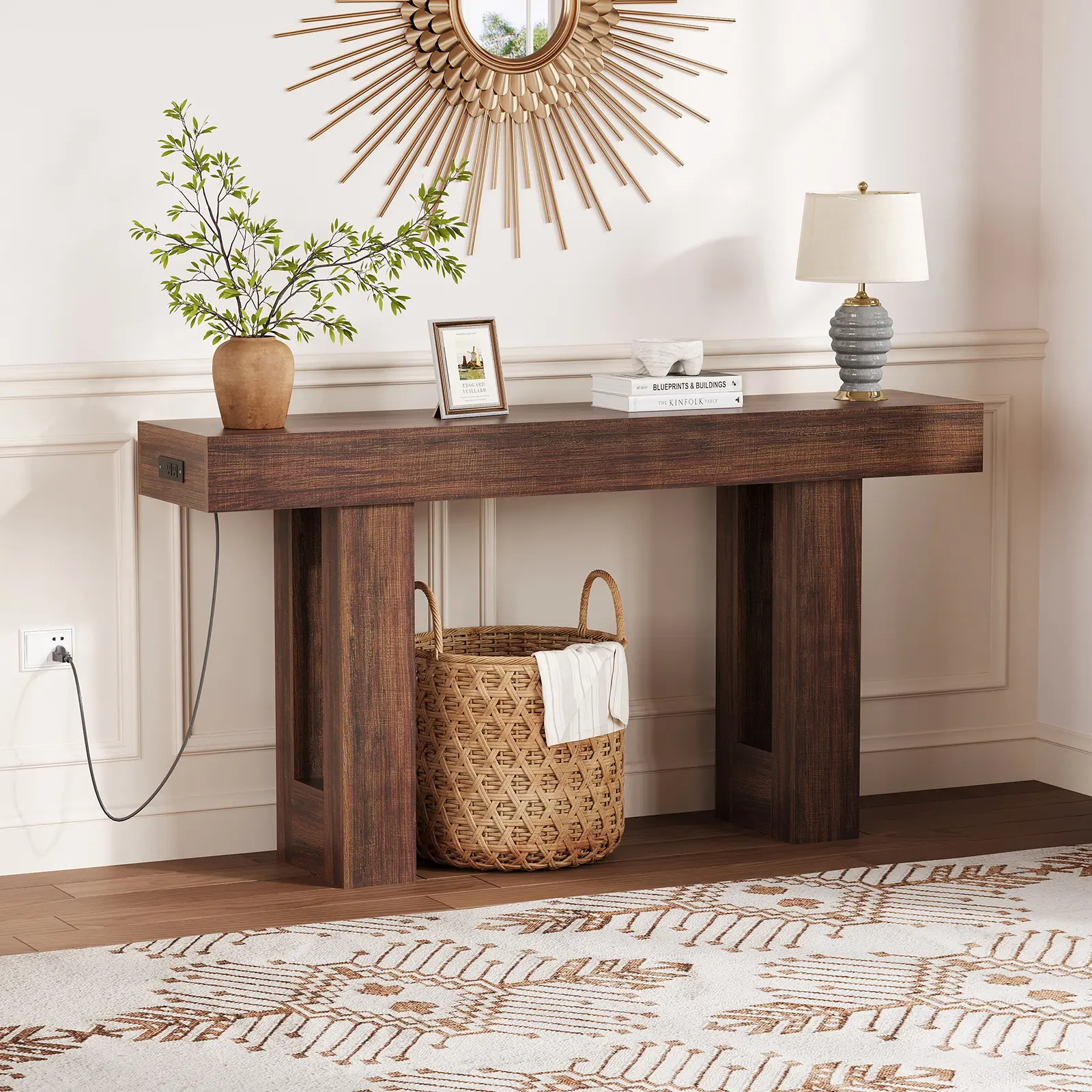 Garvee 63 Inch Console Table with Outlets, Extra-Long Narrow Sofa Table Behind Couch - Slim Entryway Hallway Console - Built-In Power Strip for Living Room Foyer