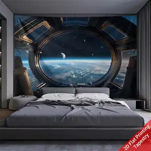 Earth Patterned Print Tapestry Wall Hanging, Polyester Fabric, Ideal for Living Room & Bedroom Decor, Includes Installation Kit