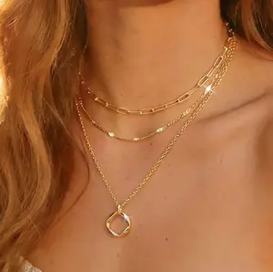 ️MIAZQ 3-Layer Gold Plated Layered Necklace Set with Twisted Geometric Square Pendant & Paperclip Chain, Minimalist Jewelry for Daily Wear, Birthday Gift, Anniversary, Valentine's Day