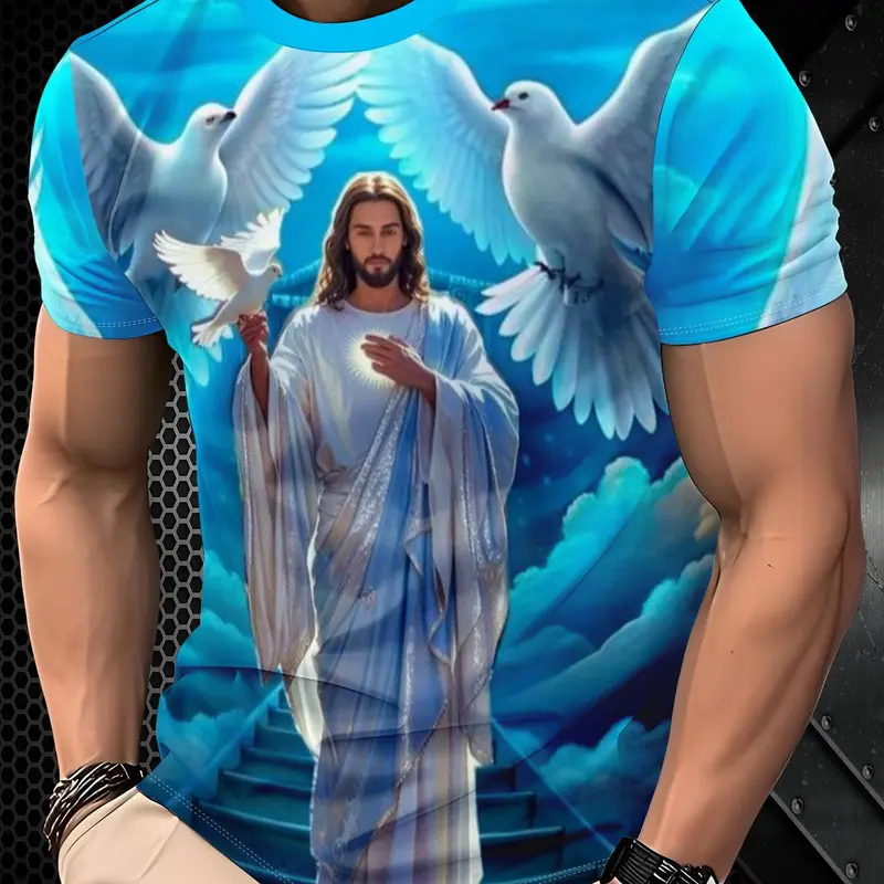 Men's 3D Figure Print Short Sleeve T-Shirt, Fashion Trendy Unique Pattern, Comfortable Breathable Fabric, Casual Printed, Summer Top, Casual Fitted Tee, Menswear Streetwear