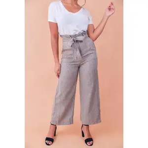 High Waisted Belted Tweed Cropped Flare Beige Pants