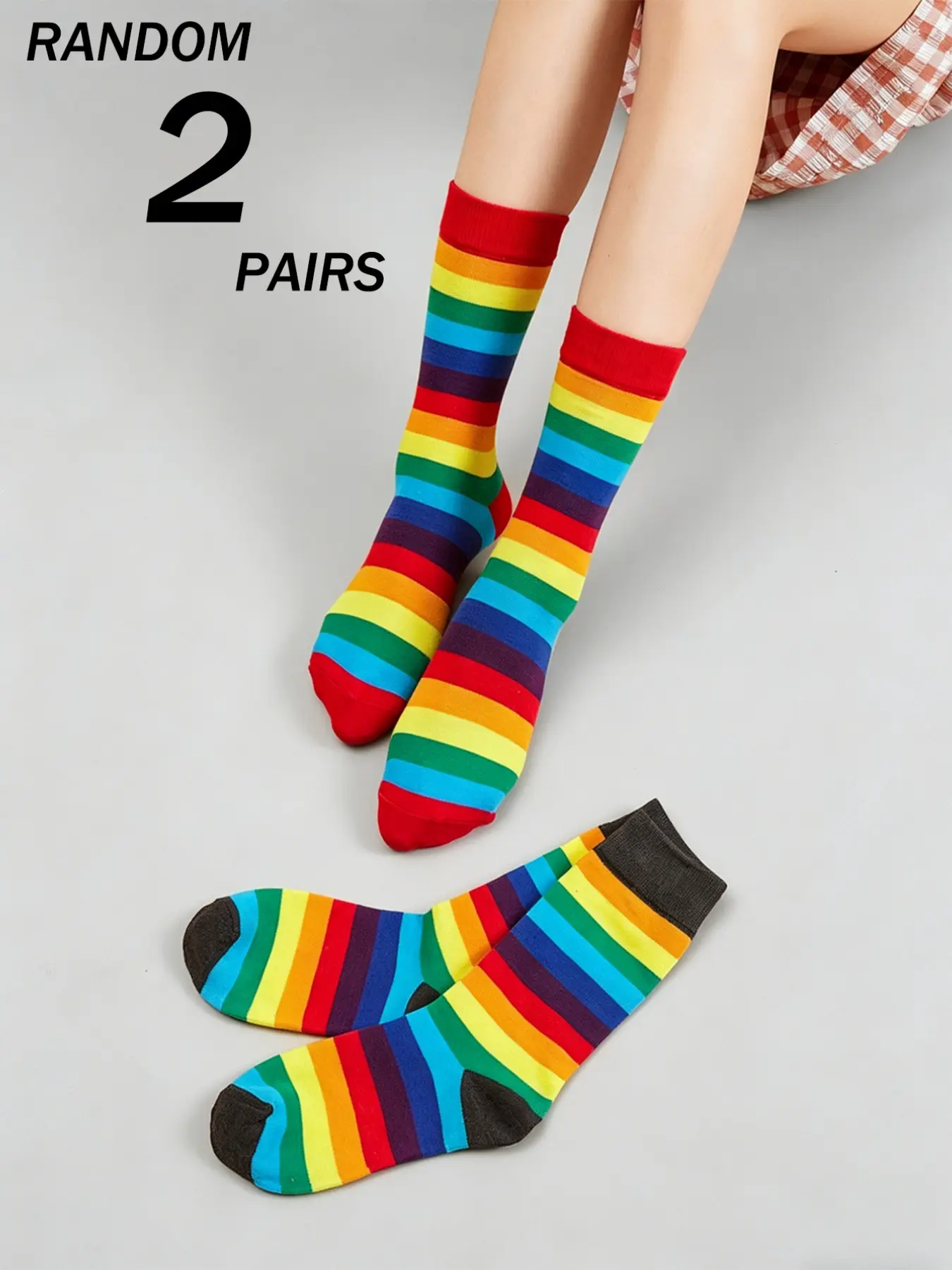 2 Pairs Random Rainbow Striped Mid-Calf Socks, Knitted Socks, Elastic Socks, Fun and Colorful Footwear, Perfect for Casual Wear, Comfortable, Stylish and Fitted