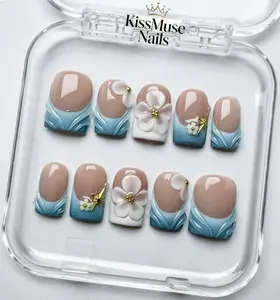KissMuse Nails | Ocean Bloom | ST-H- | Ocean Bloom Press On Nails - Nude Blue French Tip 3D Flower Fake Nails with Gold Charm