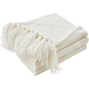 Chenille Throw Blanket for Couch, Cozy Plush Fuzzy Decorative Cream White Blanket with Fringe Tassels, Lightweight Throws for Bed Sofa   Decor, 50"X60"